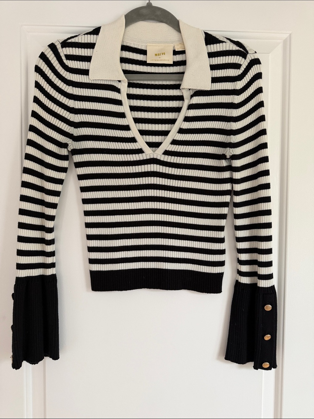 MAEVE Ribbed Collared Stripe Sweater with Flared Sleeves (size S)